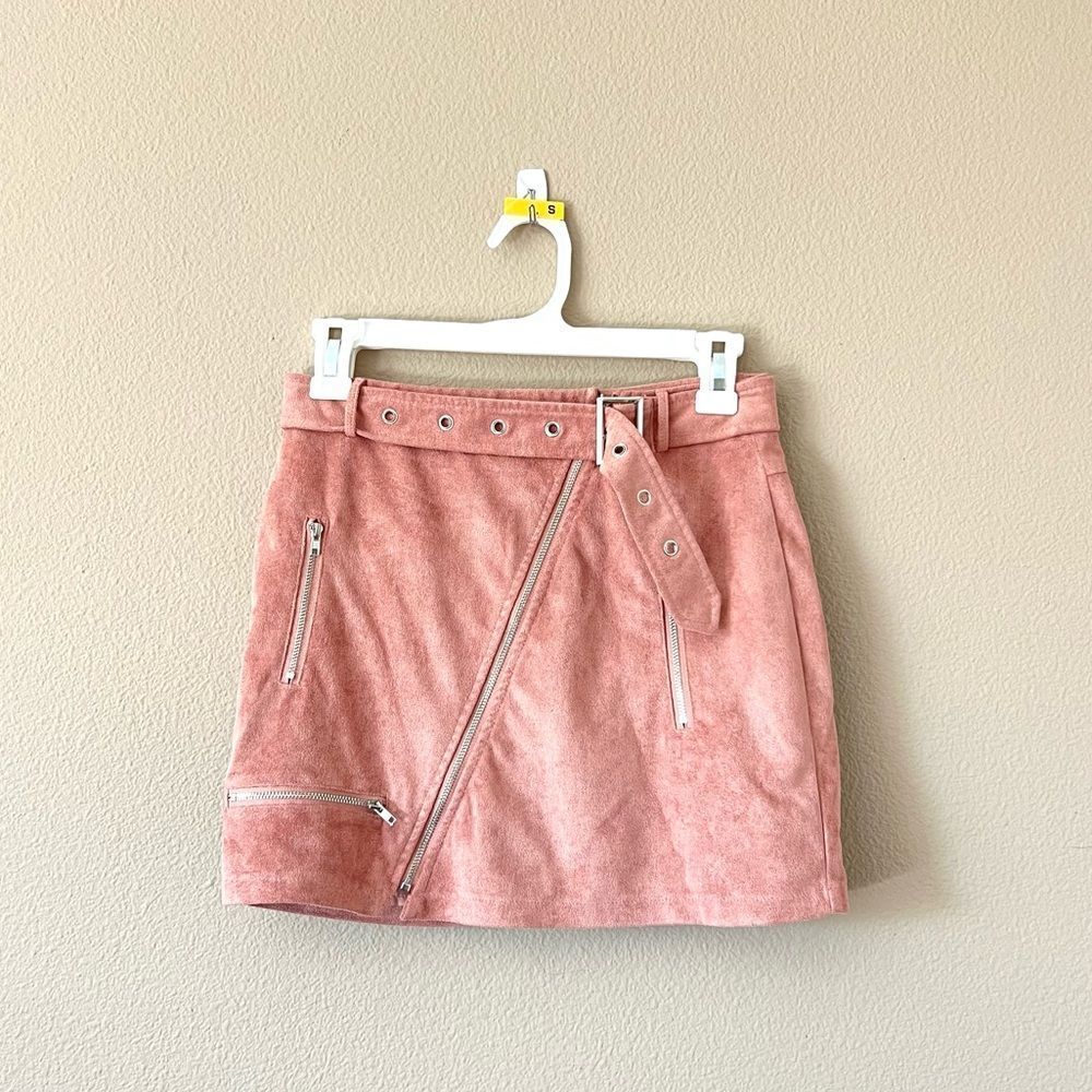Luxxel Pink Suede Moto Mini Skirt